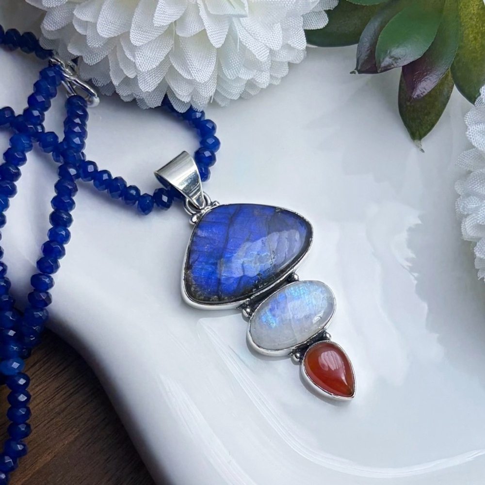 Southwest Labradorite Moonstone Carnelian Pendant Necklace Multi Gemstone 925